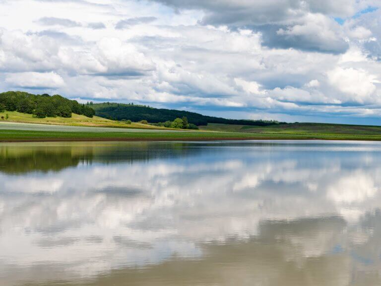 River bordered by colorful fields