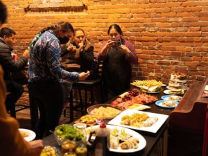 A display of food prepared for sampling